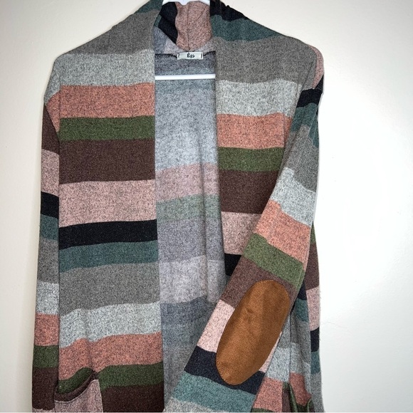 Egs Multi Colored Striped Suede Elbow Patch Open Cardigan with Pockets Size S/M - Picture 4 of 7